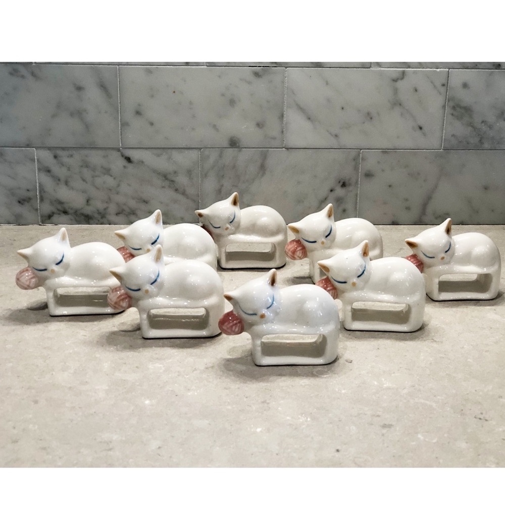 8 pc. Vintage Ceramic Cat Napkin Ring Set of Eight, Hand Painted